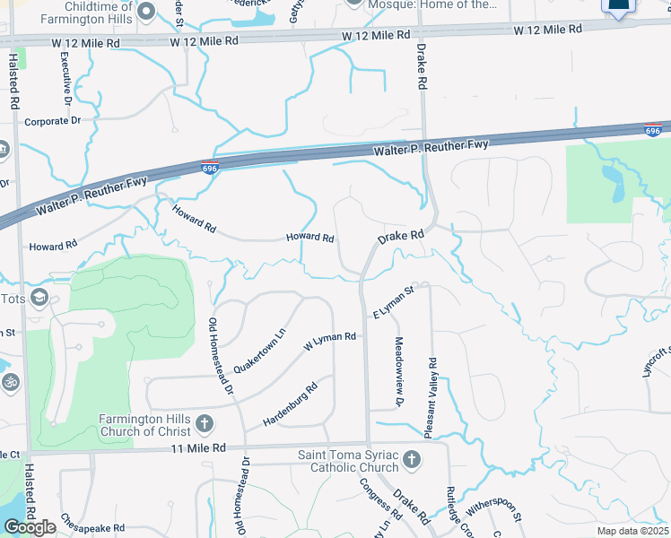 map of restaurants, bars, coffee shops, grocery stores, and more near 35956 Quakertown Lane in Farmington Hills