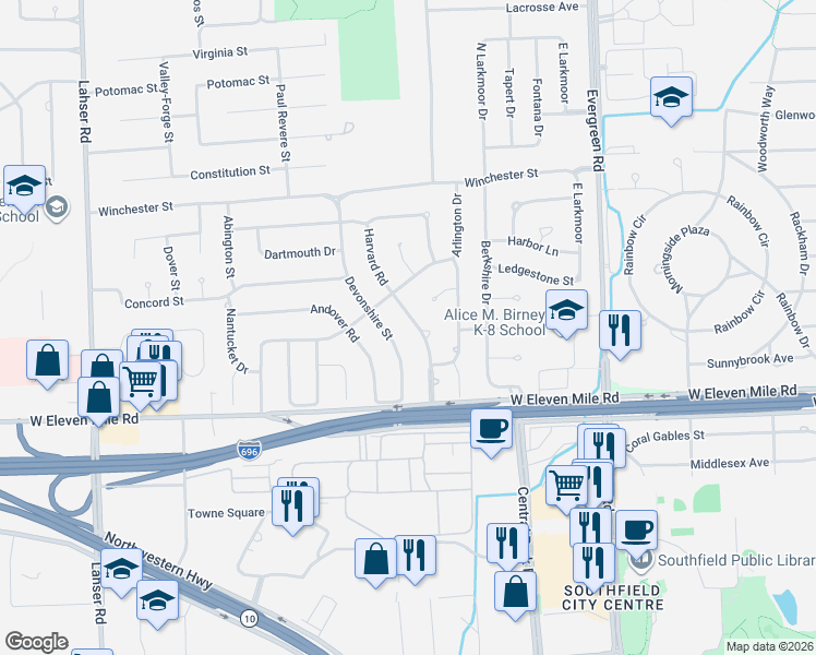 map of restaurants, bars, coffee shops, grocery stores, and more near 27195 Harvard Road in Southfield