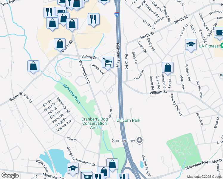map of restaurants, bars, coffee shops, grocery stores, and more near 57 Mill Street in Woburn