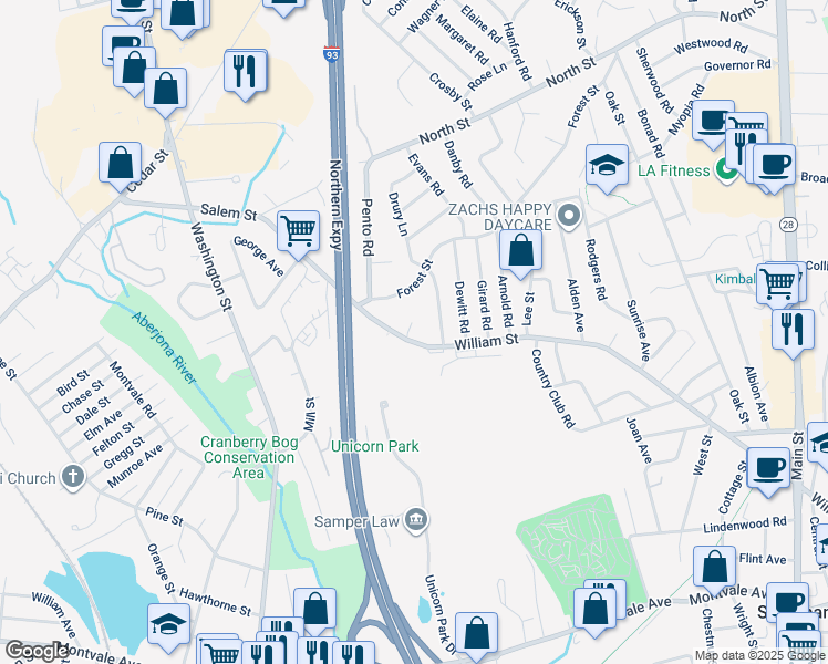 map of restaurants, bars, coffee shops, grocery stores, and more near 507 William Street in Stoneham