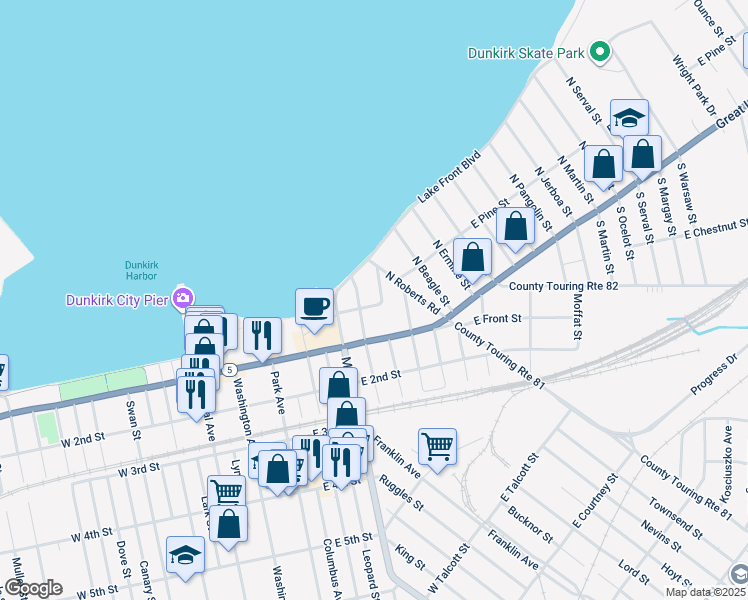 map of restaurants, bars, coffee shops, grocery stores, and more near 144 Lake Shore Drive East in Dunkirk
