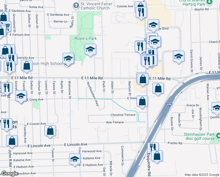 map of restaurants, bars, coffee shops, grocery stores, and more near 26628 Park Court in Madison Heights