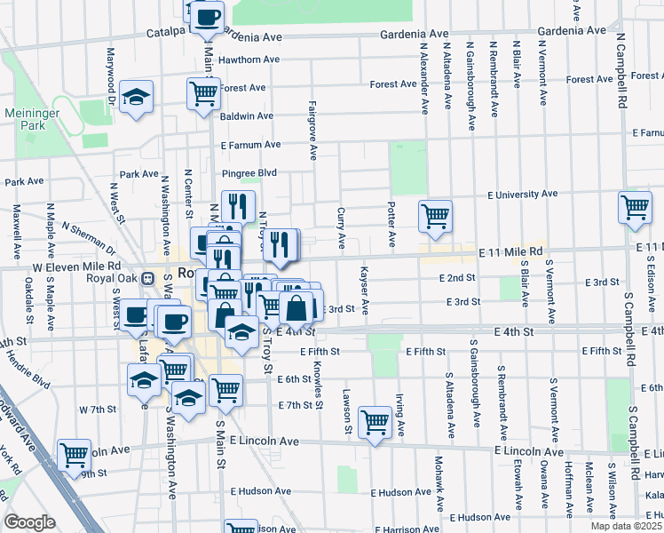 map of restaurants, bars, coffee shops, grocery stores, and more near 202 Phillips Place in Royal Oak