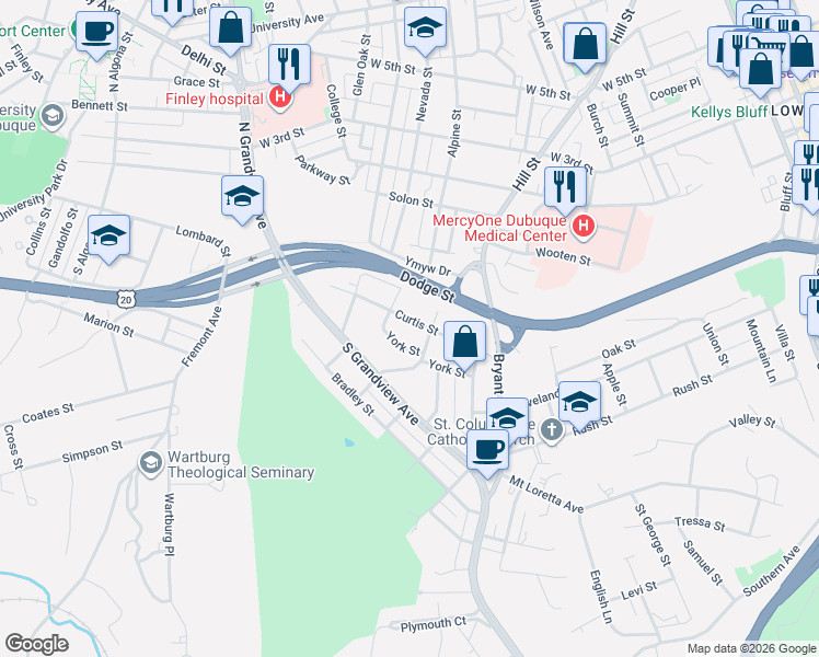 map of restaurants, bars, coffee shops, grocery stores, and more near 175 South Hill Street in Dubuque