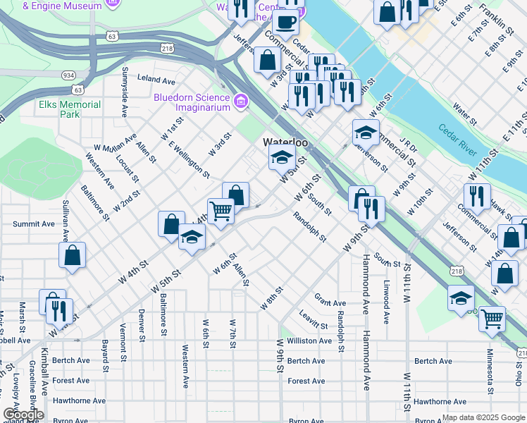 map of restaurants, bars, coffee shops, grocery stores, and more near 803 West 5th Street in Waterloo