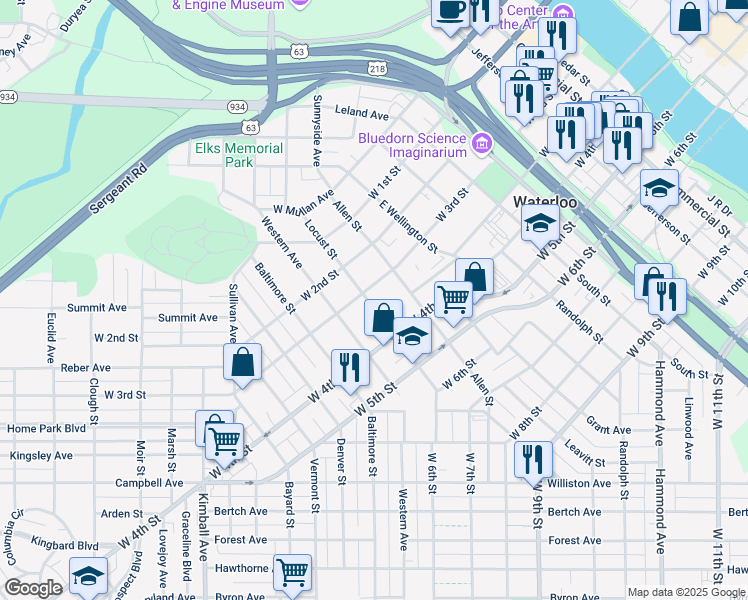 map of restaurants, bars, coffee shops, grocery stores, and more near 425 Western Avenue in Waterloo