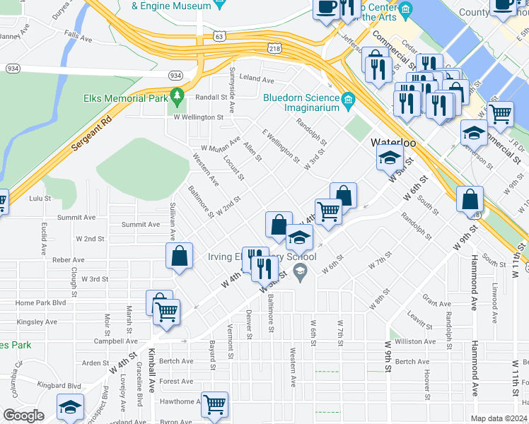 map of restaurants, bars, coffee shops, grocery stores, and more near 425 Western Avenue in Waterloo