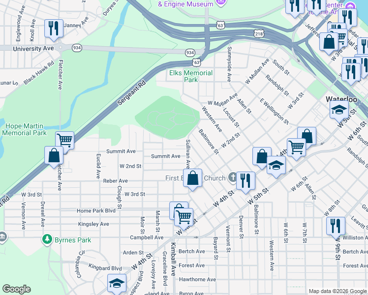 map of restaurants, bars, coffee shops, grocery stores, and more near 115 Summit Avenue in Waterloo