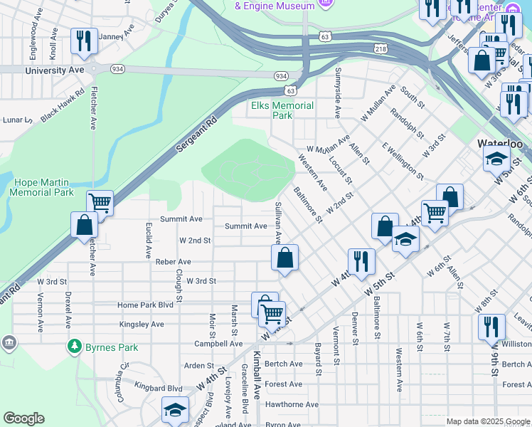 map of restaurants, bars, coffee shops, grocery stores, and more near 115 Summit Avenue in Waterloo