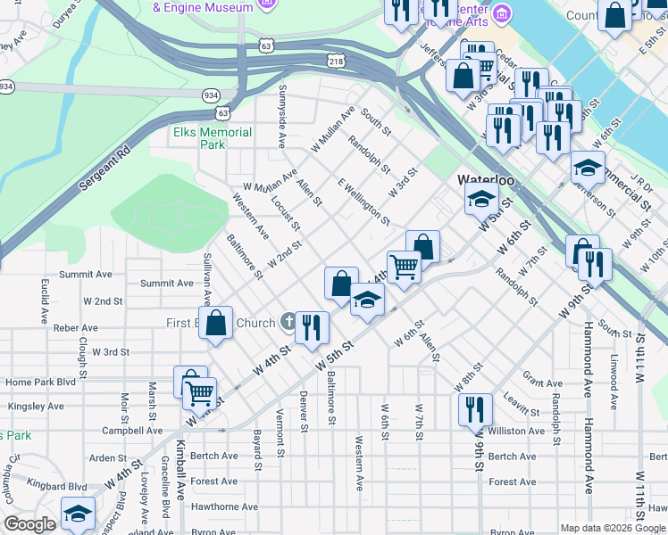map of restaurants, bars, coffee shops, grocery stores, and more near 425 Western Avenue in Waterloo