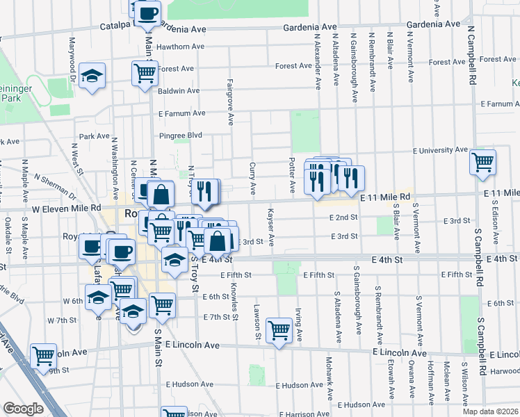 map of restaurants, bars, coffee shops, grocery stores, and more near 202 Kayser Avenue in Royal Oak