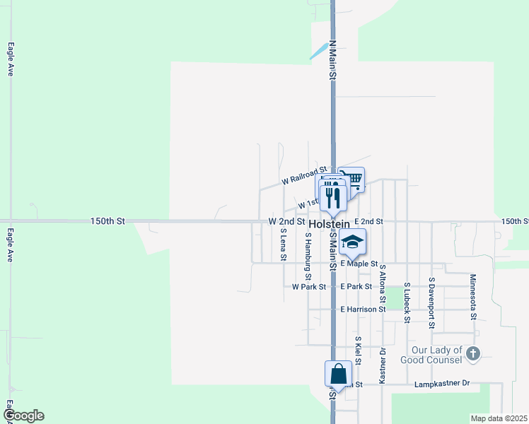 map of restaurants, bars, coffee shops, grocery stores, and more near 301-413 West 2nd Street in Holstein
