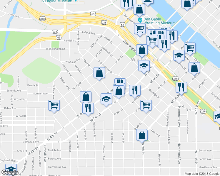 map of restaurants, bars, coffee shops, grocery stores, and more near 850 West 4th Street in Waterloo