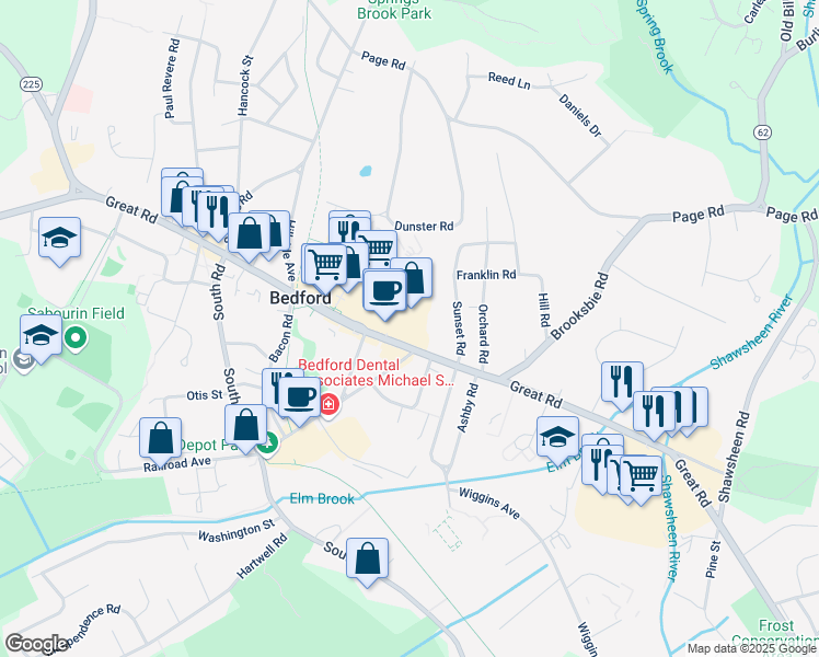 map of restaurants, bars, coffee shops, grocery stores, and more near 199 Great Road in Bedford