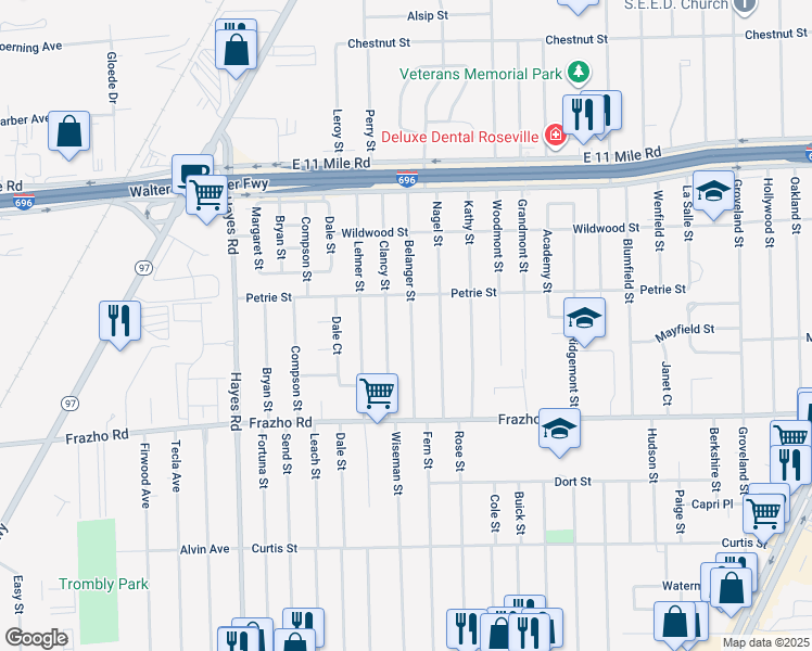 map of restaurants, bars, coffee shops, grocery stores, and more near 26345 Belanger Street in Roseville