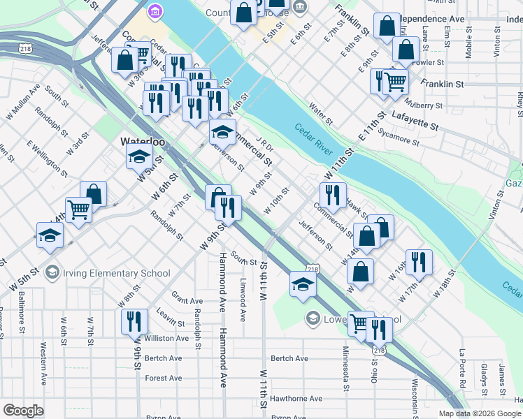 map of restaurants, bars, coffee shops, grocery stores, and more near 326 West 10th Street in Waterloo