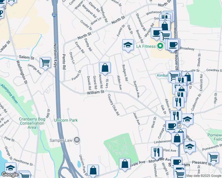 map of restaurants, bars, coffee shops, grocery stores, and more near 391 William Street in Stoneham