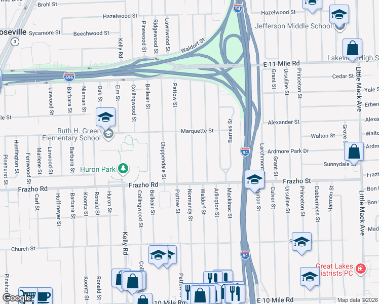map of restaurants, bars, coffee shops, grocery stores, and more near 26235 Normandy Street in Roseville