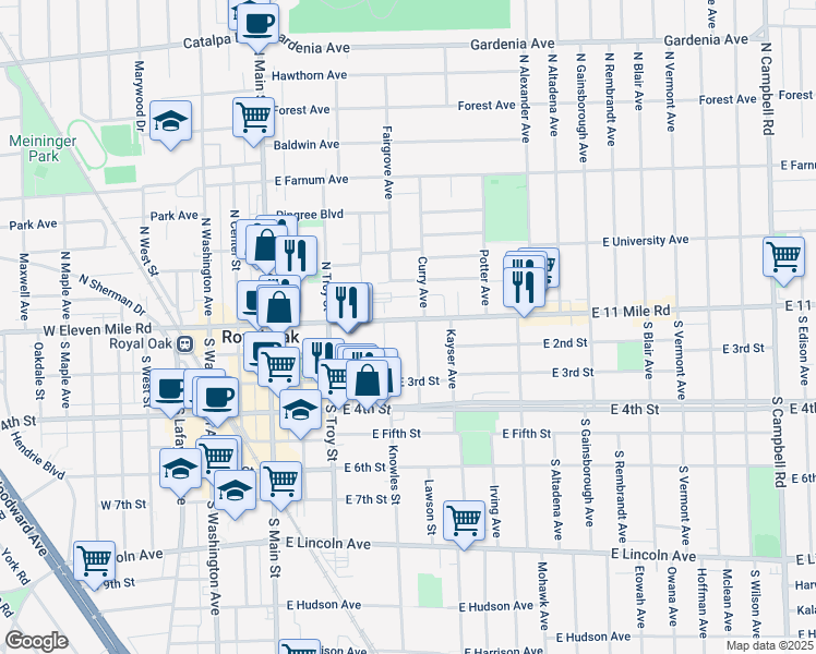 map of restaurants, bars, coffee shops, grocery stores, and more near 101 Curry Avenue in Royal Oak