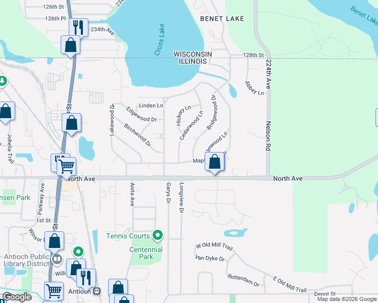 map of restaurants, bars, coffee shops, grocery stores, and more near 322 Bridgewood Drive in Antioch