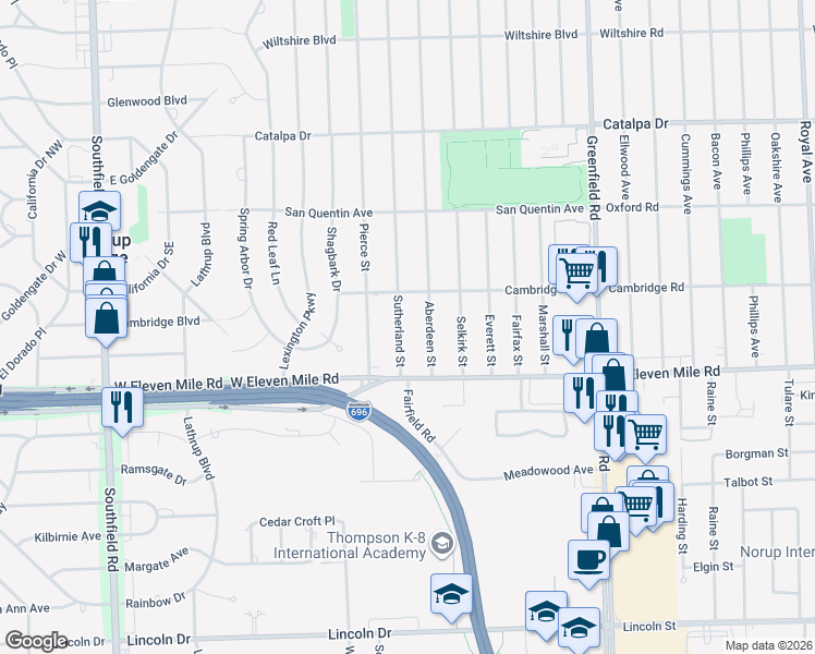 map of restaurants, bars, coffee shops, grocery stores, and more near 27155 Aberdeen Street in Southfield