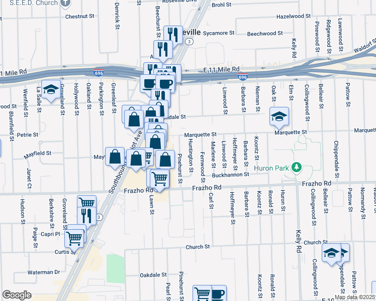 map of restaurants, bars, coffee shops, grocery stores, and more near 26251 Huntington Street in Roseville