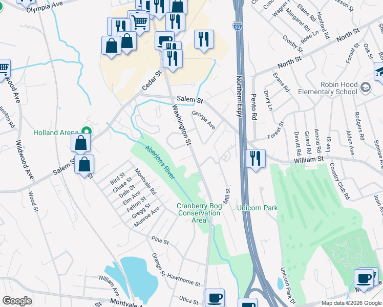 map of restaurants, bars, coffee shops, grocery stores, and more near 250 Washington Street in Woburn