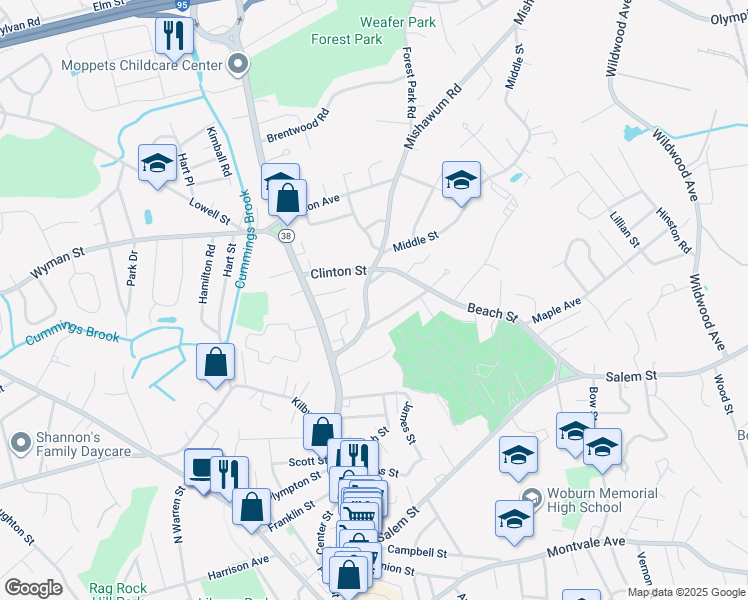 map of restaurants, bars, coffee shops, grocery stores, and more near in Woburn