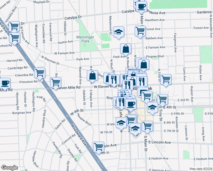 map of restaurants, bars, coffee shops, grocery stores, and more near 546 North Sherman Drive in Royal Oak