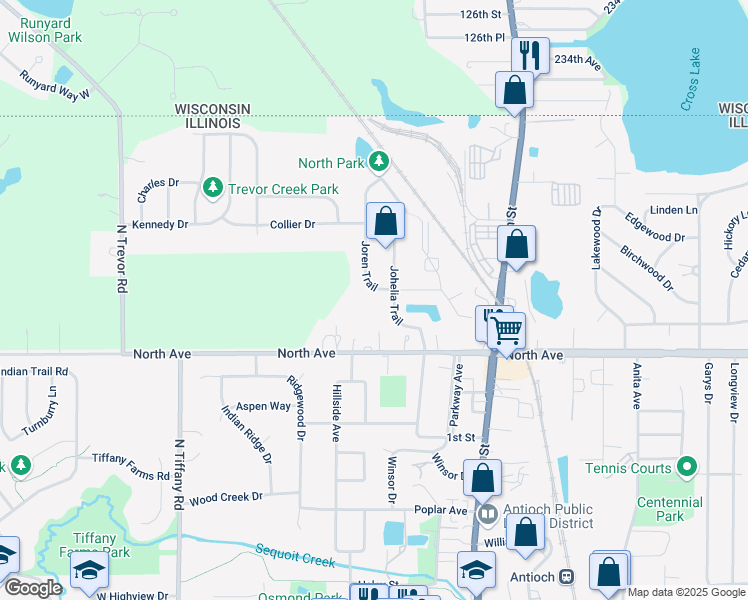 map of restaurants, bars, coffee shops, grocery stores, and more near 428 Joren Trail in Antioch