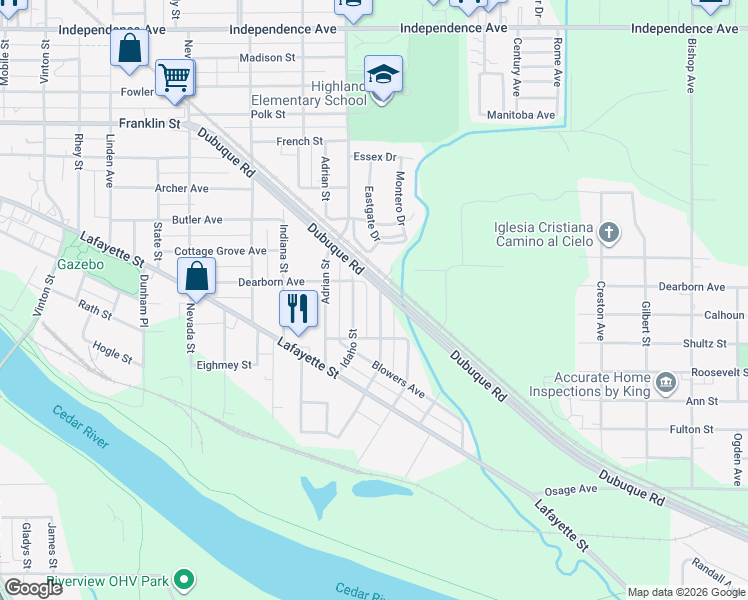 map of restaurants, bars, coffee shops, grocery stores, and more near 1300-1498 Dubuque Rd in Waterloo