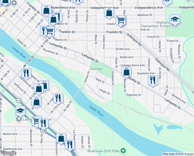 map of restaurants, bars, coffee shops, grocery stores, and more near 1800 Sycamore St in Waterloo