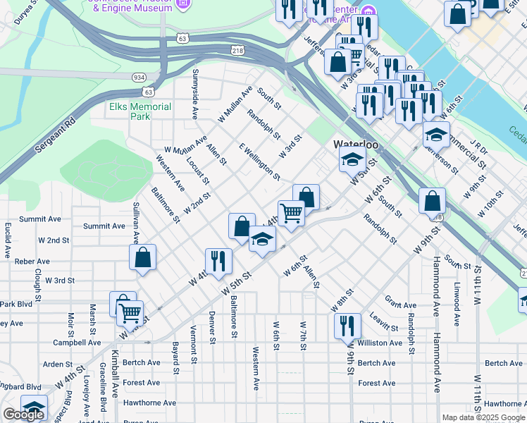 map of restaurants, bars, coffee shops, grocery stores, and more near 834 West 4th Street in Waterloo