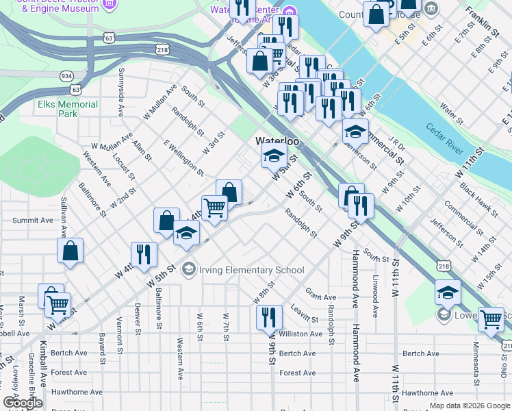 map of restaurants, bars, coffee shops, grocery stores, and more near 725 West 5th Street in Waterloo