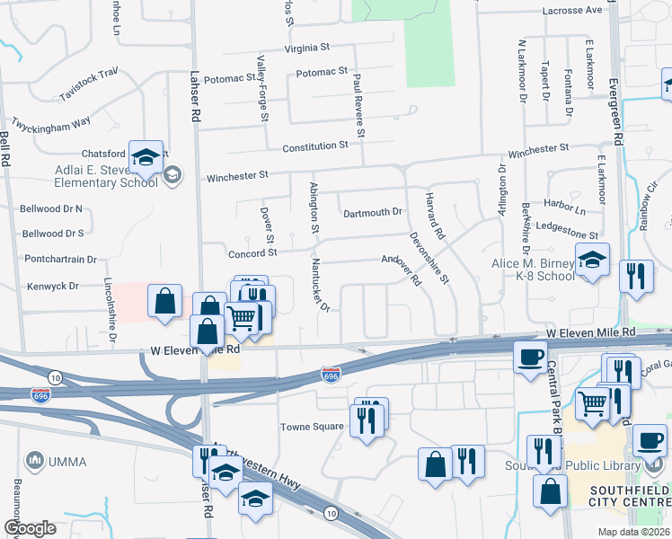 map of restaurants, bars, coffee shops, grocery stores, and more near 21329 Concord Street in Southfield