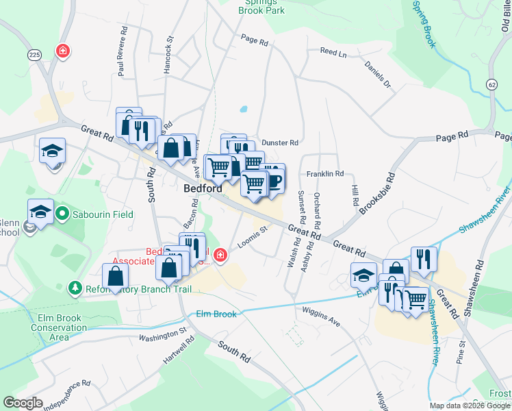map of restaurants, bars, coffee shops, grocery stores, and more near 186 Great Road in Bedford