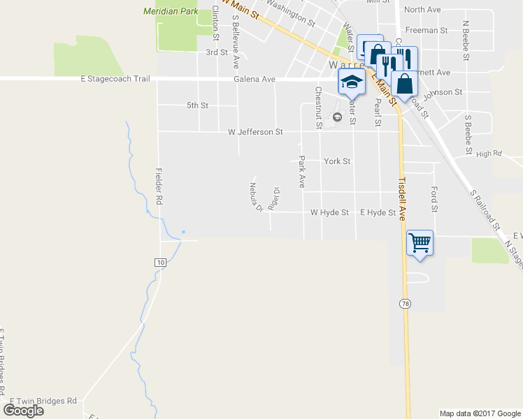 map of restaurants, bars, coffee shops, grocery stores, and more near 102 Nebula Drive in Warren