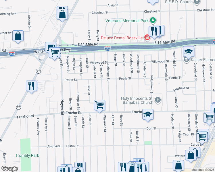 map of restaurants, bars, coffee shops, grocery stores, and more near 26460 Belanger Street in Roseville