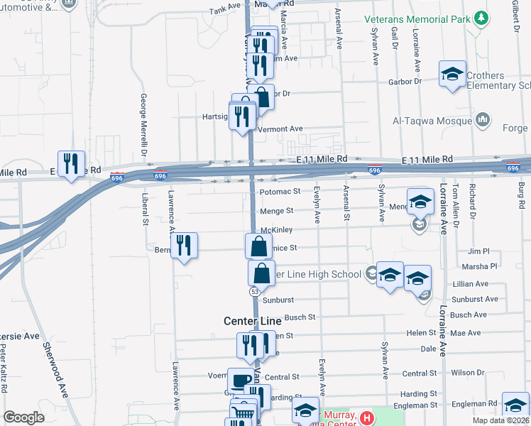 map of restaurants, bars, coffee shops, grocery stores, and more near 8050 Menge Street in Center Line