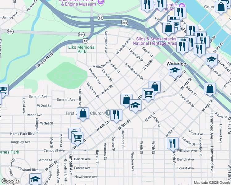 map of restaurants, bars, coffee shops, grocery stores, and more near 315 Locust Street in Waterloo