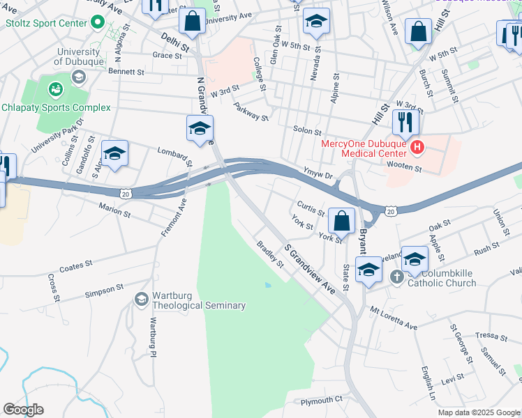 map of restaurants, bars, coffee shops, grocery stores, and more near 160 South Grandview Avenue in Dubuque