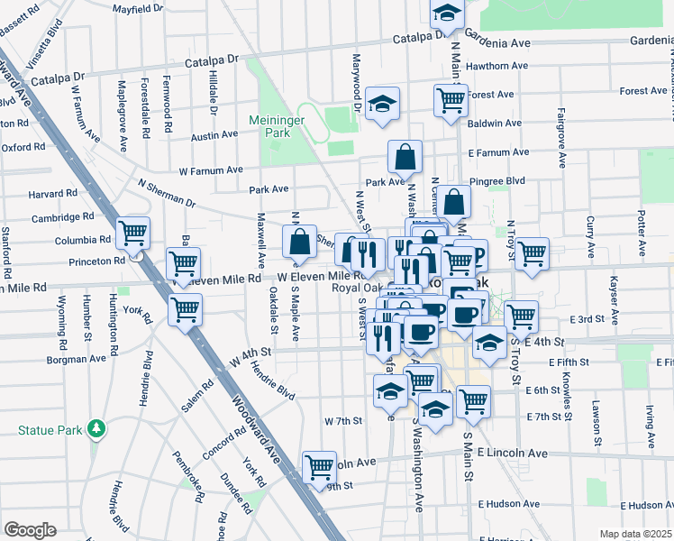 map of restaurants, bars, coffee shops, grocery stores, and more near 624 West Eleven Mile Road in Royal Oak