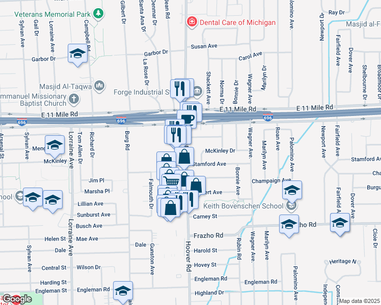 map of restaurants, bars, coffee shops, grocery stores, and more near 26600 Hoover Road in Warren