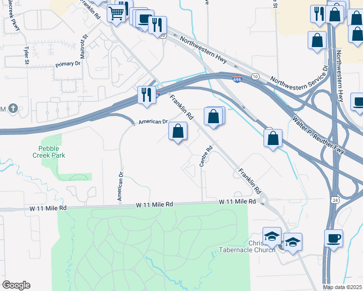 map of restaurants, bars, coffee shops, grocery stores, and more near 27777 Franklin Road in Southfield