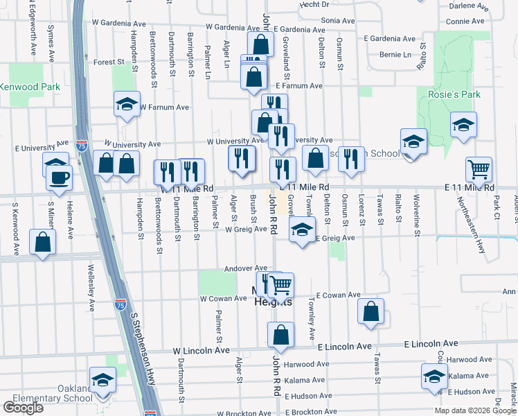 map of restaurants, bars, coffee shops, grocery stores, and more near 41 West Eleven Mile Road in Madison Heights