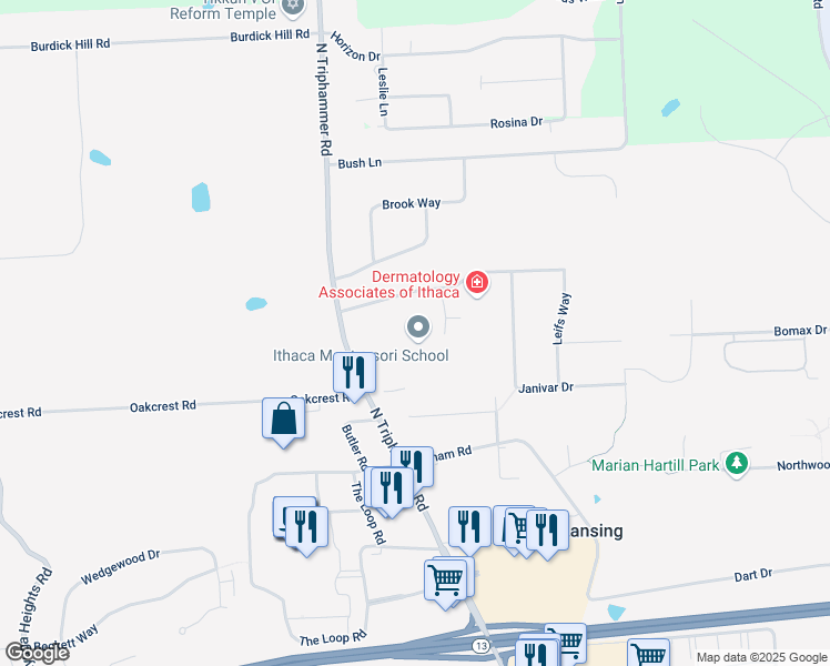 map of restaurants, bars, coffee shops, grocery stores, and more near 2 Ascot Place in Ithaca
