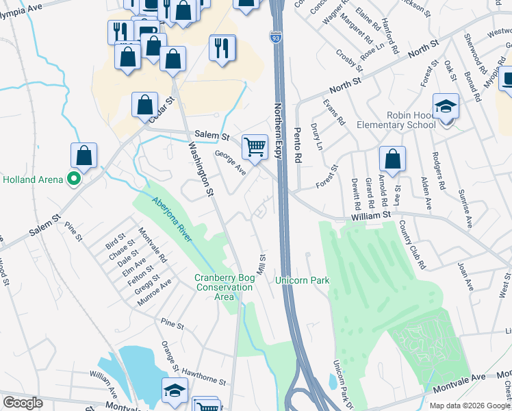 map of restaurants, bars, coffee shops, grocery stores, and more near 62 Mill Street in Woburn
