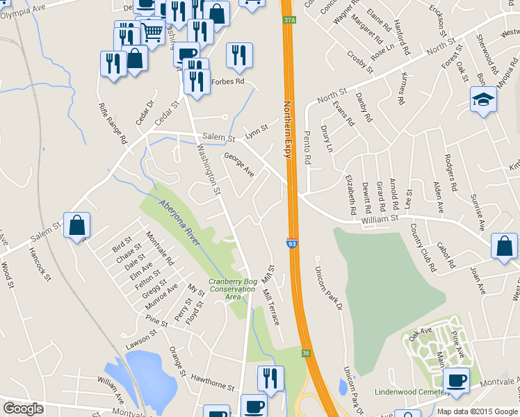 map of restaurants, bars, coffee shops, grocery stores, and more near 62 Mill Street in Woburn