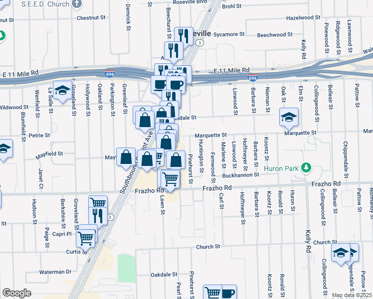 map of restaurants, bars, coffee shops, grocery stores, and more near 17829 Marquette Street in Roseville