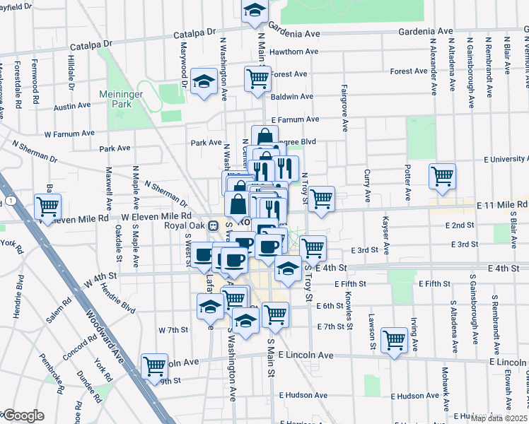 map of restaurants, bars, coffee shops, grocery stores, and more near in Royal Oak